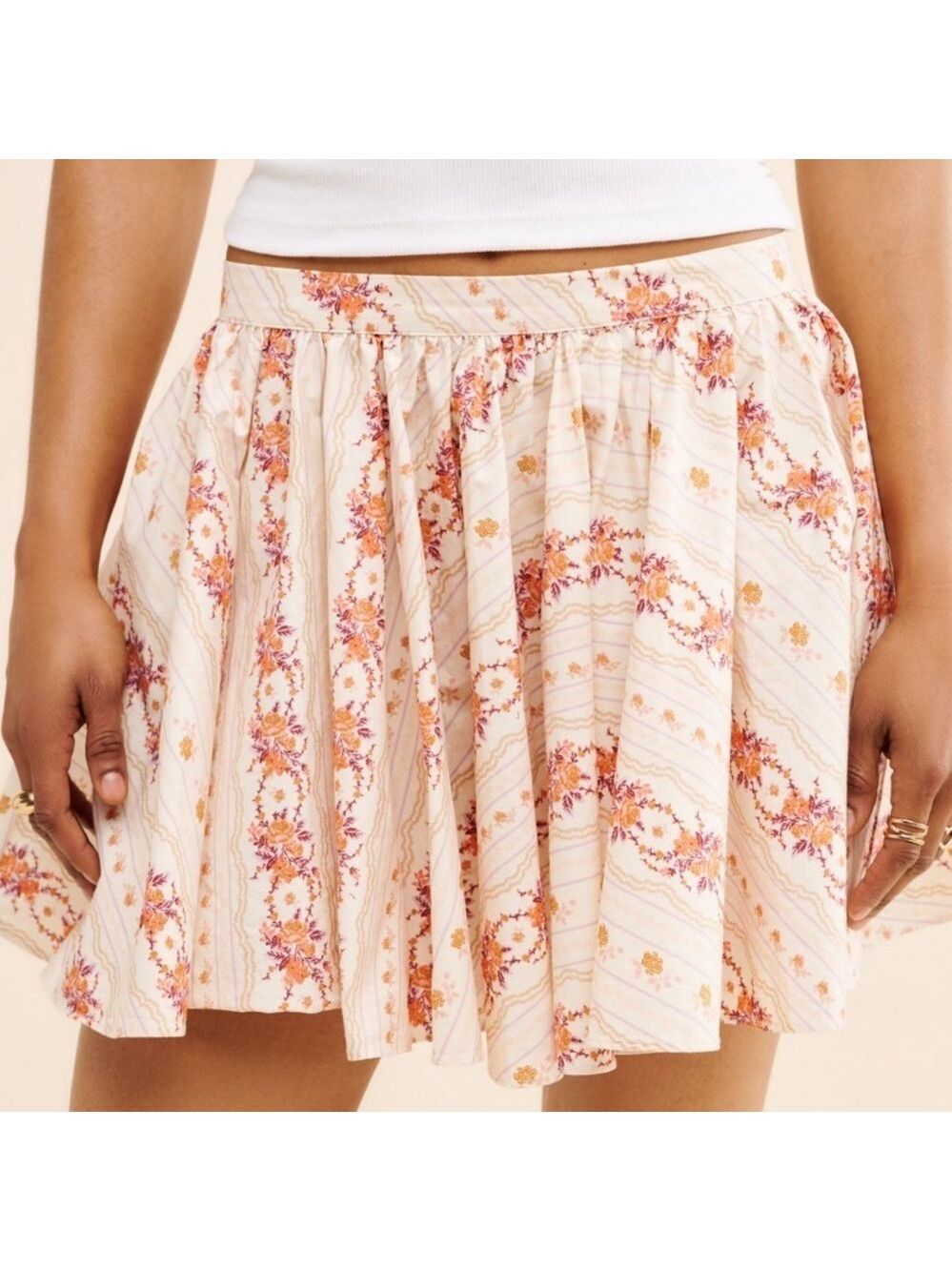 Free People Gaia Printed Mini Skirt Floral Cream Skirt Cotton Size M Festival - Picture 2 of 9